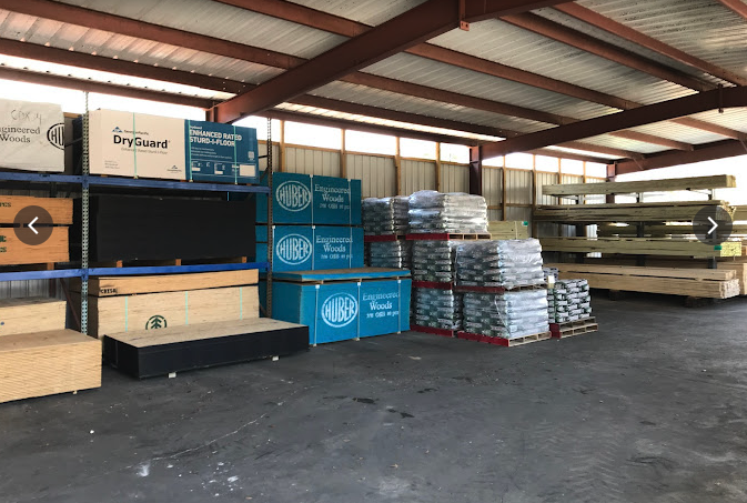 Engineered wood, sheathing and building materials stocked in the warehouse